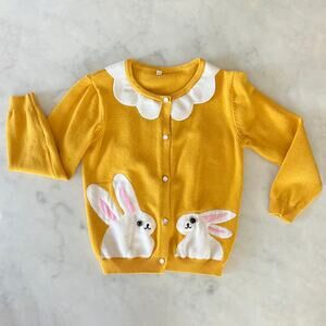 Girl's Mustard Yellow Bunny Cardigan Sweater with Scalloped Collar / 6 / Small